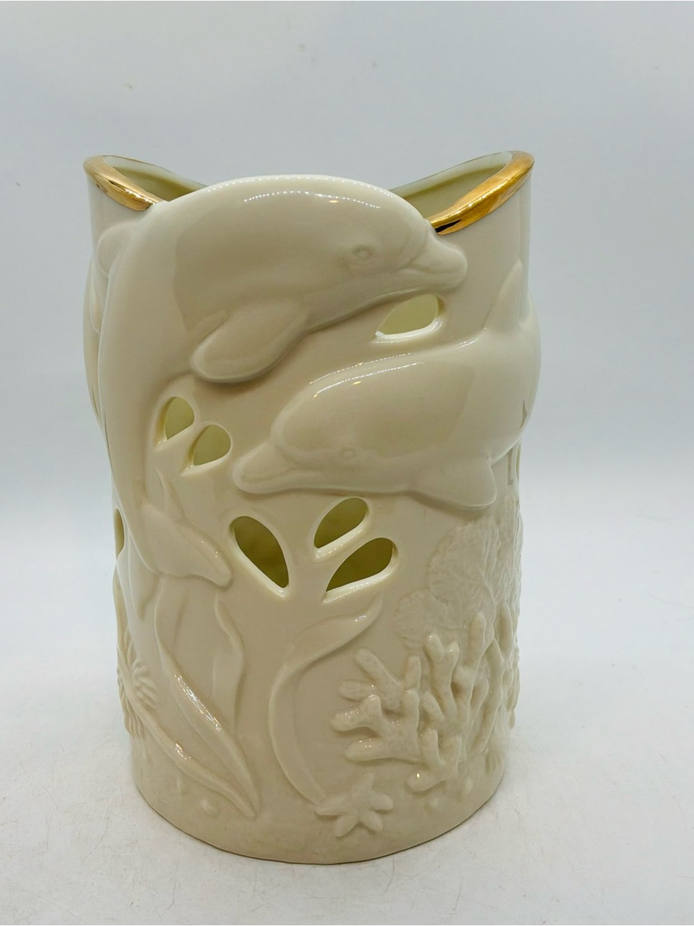 Lenox Vintage Candle Holder 2000 Dolphin Undersea Discovery White And Gold 6"